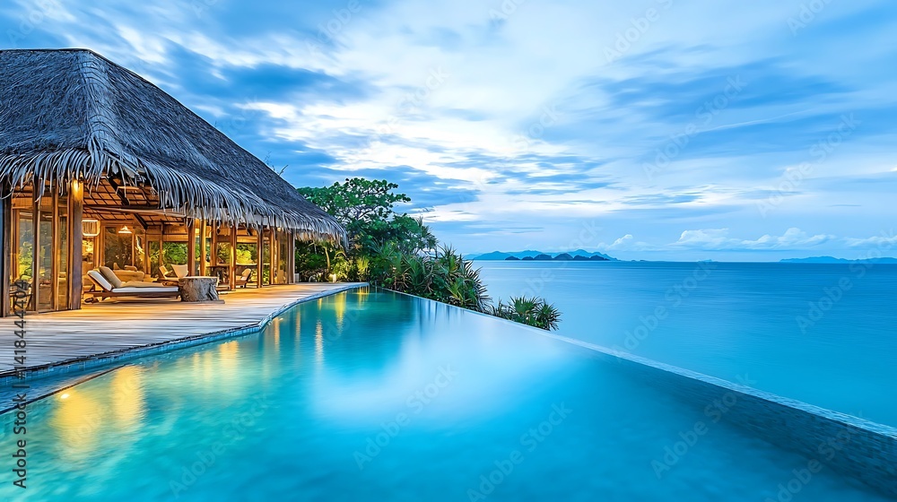 Obraz premium Luxury beachfront villa with infinity pool at sunset.