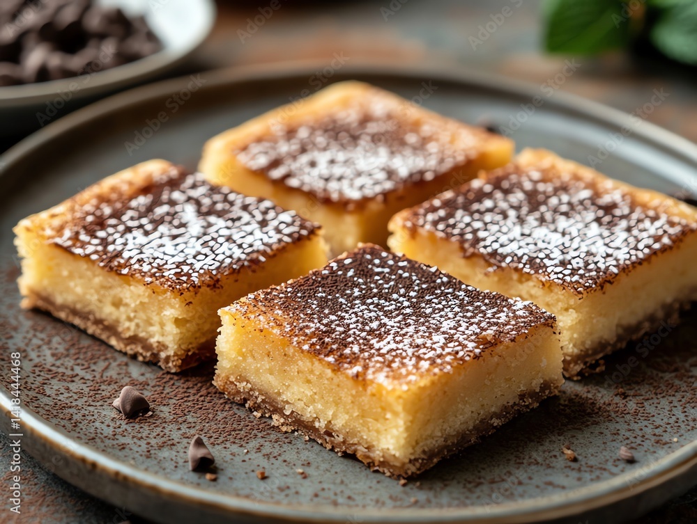 Sweet lemon bars topped with cocoa powder and powdered sugar sit on a dark plate Perfect for a dessert menu or baking blog Sweet lemon bars topped with cocoa powder and powdered sugar sit on a dark plate Perfect for a dessert menu or baking blog