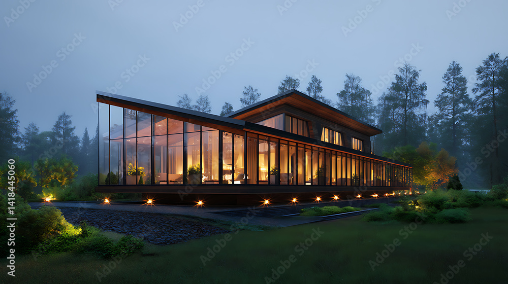 Eco-Minimalist Night Oasis Illuminated Sustainable Architecture Nestled in Lush Landscape - Modern Living Design Showcasing Harmony Between Technology and Nature Eco-Minimalist Night Oasis Illuminated Sustainable Architecture Nestled in Lush Landscape - Modern Living Design Showcasing Harmony Between Technology and Nature