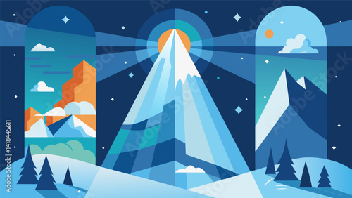 A series of photographs capturing the beauty of light shining through ice and snow emphasizing the potential of natural light to alleviate the effects. Vector illustration