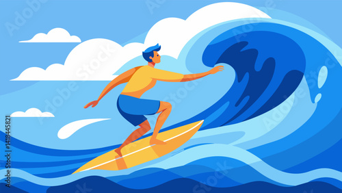 A surfer catching massive waves in a virtual ocean honing their balance and technique before heading out to face the real waves.. Vector illustration