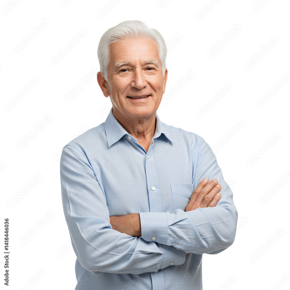 Stock photo of smiling senior man with crossed arms isolated on black background Stock photo of smiling senior man with crossed arms isolated on black background