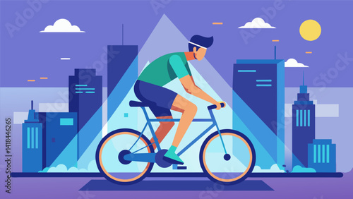 A person on a stationary bike pedaling furiously in a virtual cityscape while avoiding obstacles and collecting points.. Vector illustration