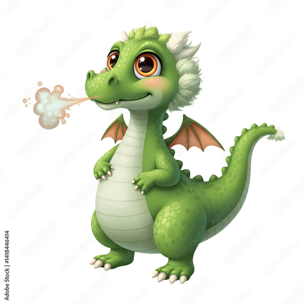 Obraz premium Cute cartoon green dragon illustration for kids children fantasy dragon art