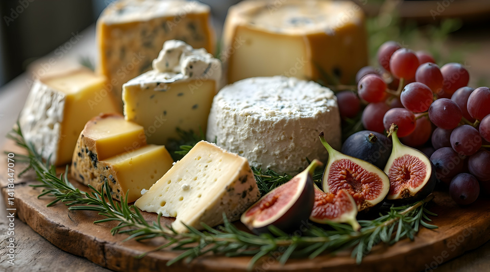 Cheese Platter with Grapes and Figs on a Rustic Wooden Board Cheese Platter with Grapes and Figs on a Rustic Wooden Board