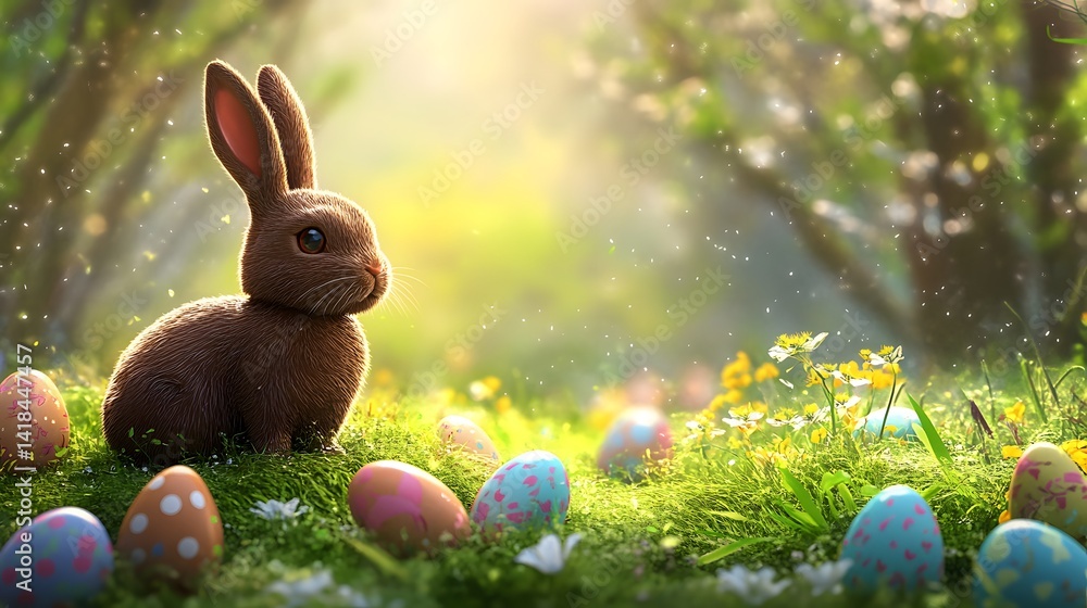 A chocolate bunny surrounded by colorful eggs in the grass, symbolizing Easter celebration with a festive and spring vibe.