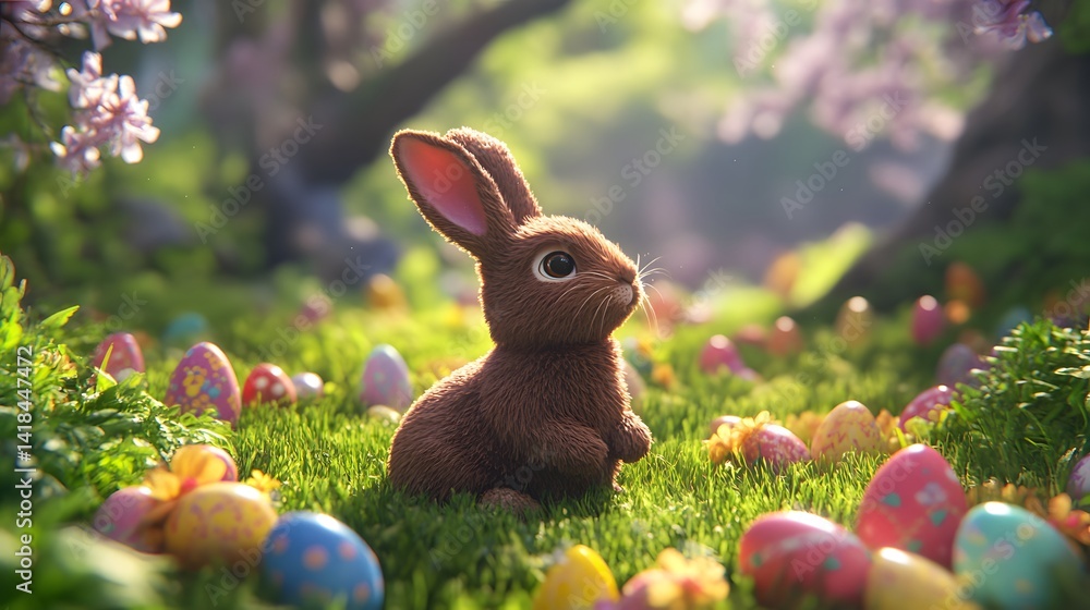 A chocolate bunny surrounded by colorful eggs in the grass, symbolizing Easter celebration with a festive and spring vibe.