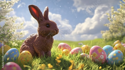 A chocolate bunny surrounded by colorful eggs in the grass, symbolizing Easter celebration with a festive and spring vibe.