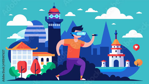 A virtual reality tour of famous landmarks or cities with workout breaks incorporated to teach users about the importance of movement throughout the. Vector illustration