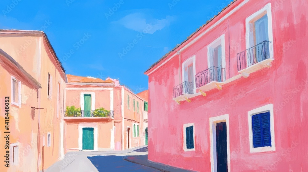 Fototapeta premium Buranos candycolored streets bask under a vibrant blue sky charming Italian scene