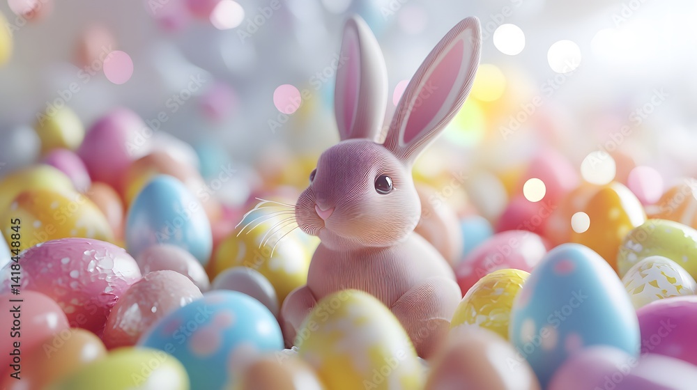 Beautiful watercolor illustration of an Easter bunny surrounded by colorful Easter eggs.