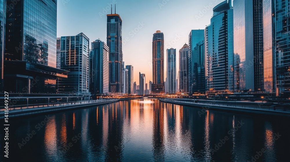 Fototapeta premium Skyline reflects on water as sunset illuminates a bustling city with modern architecture