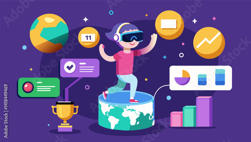 A virtual reality fitness platform that offers realtime updates on the global leaderboard so you can see where you stand ast other users.. Vector illustration