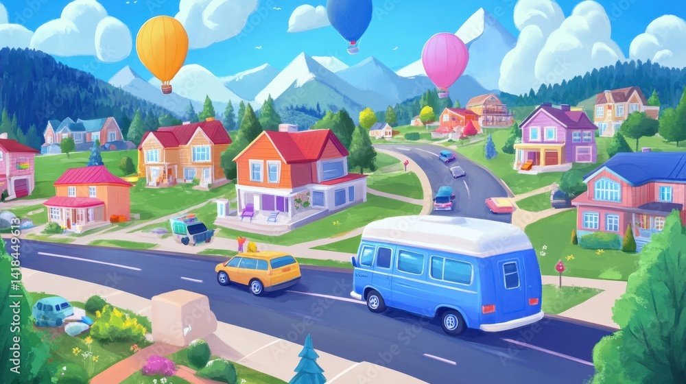 Obraz premium Cartoon town with colorful houses hot air balloons and vehicles on a sunny day