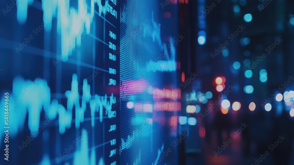 Fototapeta premium Financial data displayed on screen with city lights in the background. Abstract digital information