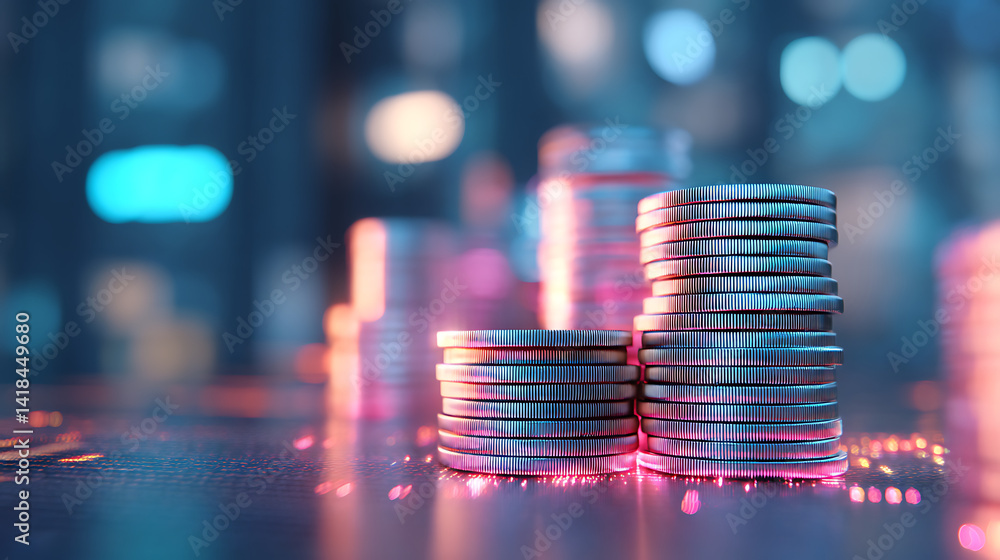 Futuristic Financial Growth Metallic Coin Stack with Neon Digital Overlay - Innovative Wealth Management and Investment Strategy Visualization Futuristic Financial Growth Metallic Coin Stack with Neon Digital Overlay - Innovative Wealth Management and Investment Strategy Visualization