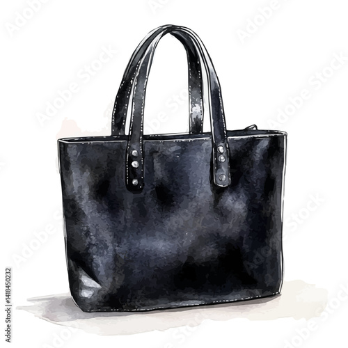 watercolor of Black Leather Tote Bag With Silver Accents, vector, isolated on a white background.