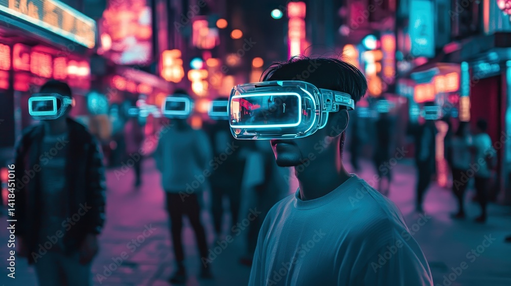 Virtual reality experience in a vibrant urban setting during nighttime Virtual reality experience in a vibrant urban setting during nighttime