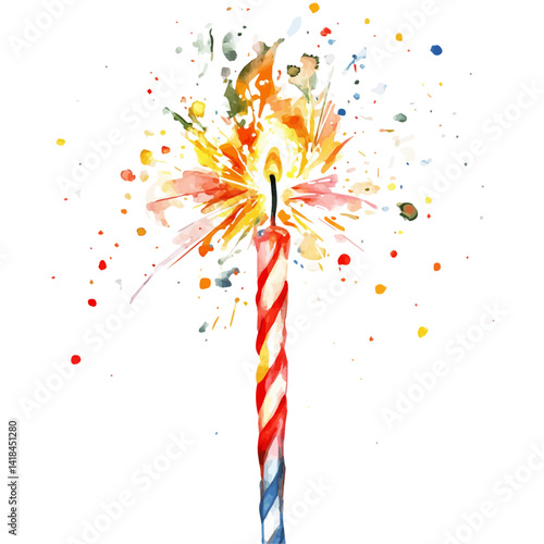 Birthday Sparkler Candle, vector watercolor illustration, isolated on a white background.