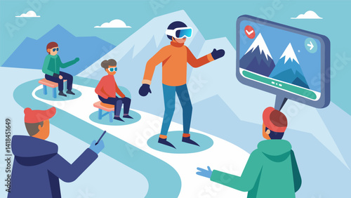 A snowboarder guiding virtual clinic participants through a mountainous VR terrain coaching them on how to navigate different slopes and obstacles.. Vector illustration