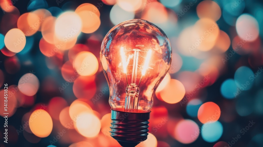 Radiant Filament: An incandescent bulb with a blurred backdrop of festive lights Radiant Filament: An incandescent bulb with a blurred backdrop of festive lights