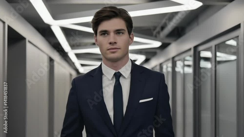 Wallpaper Mural Portrait of a young professional man in a navy blue business suit standing in a modern office hallway with geometric lighting design. Torontodigital.ca