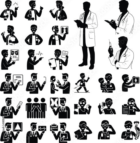 Doctors Silhouette Drawing Set | Medical Staff Vector Art Doctor Line Sketch Silhouettes | Healthcare Worker Outline Icons