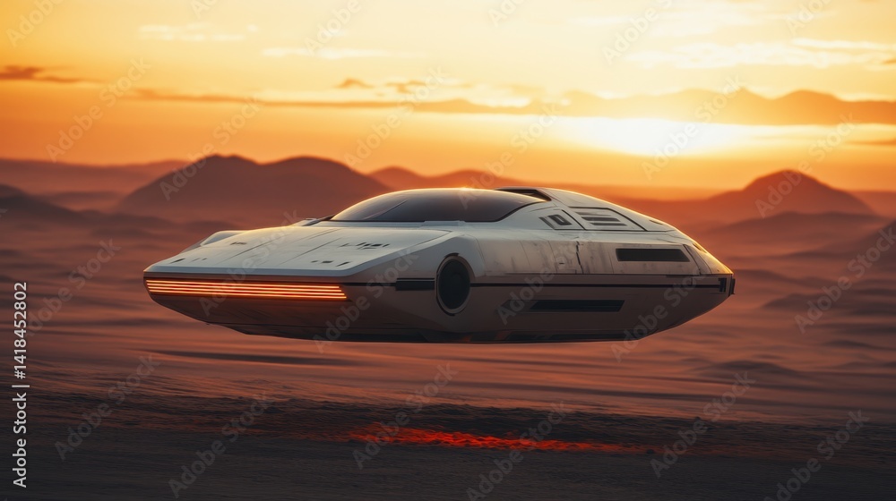 Futuristic flying vehicle hovering over a desert landscape at sunset with glowing accents Futuristic flying vehicle hovering over a desert landscape at sunset with glowing accents