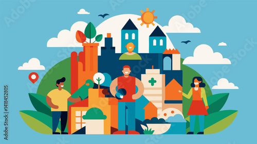 A communitywide art project utilizes recycled materials to create a sculpture symbolizing the towns resilience and unity in the face of past. Vector illustration