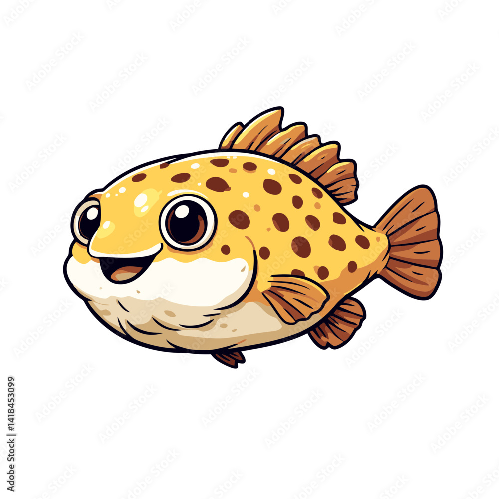 Obraz premium Cute cartoon pufferfish character swimming in a vibrant underwater scene with a cheerful expression and playful design