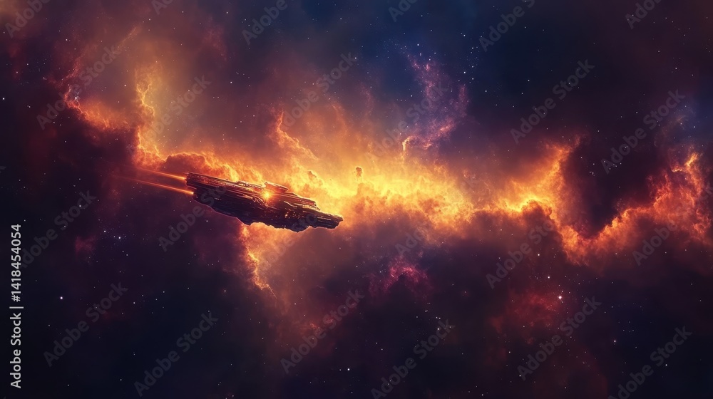 Vivid cosmic nebula with a spaceship traveling through colorful interstellar clouds in deep space Vivid cosmic nebula with a spaceship traveling through colorful interstellar clouds in deep space