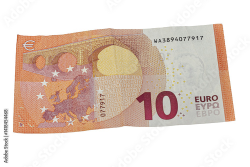 Back side of a ten euro banknote featuring a Romanesque bridge spanning across a map of Europe, symbolizing unity and communication within the European Union.