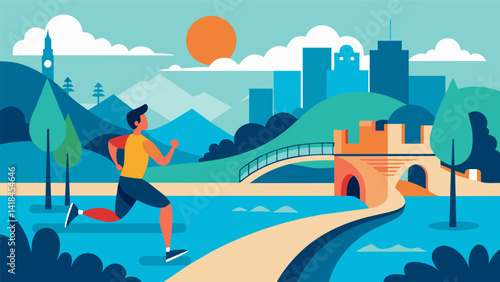 As the runner crosses virtual bridges and runs along rivers the sound of rushing water and scenic views provide a refreshing break from the bustling. Vector illustration