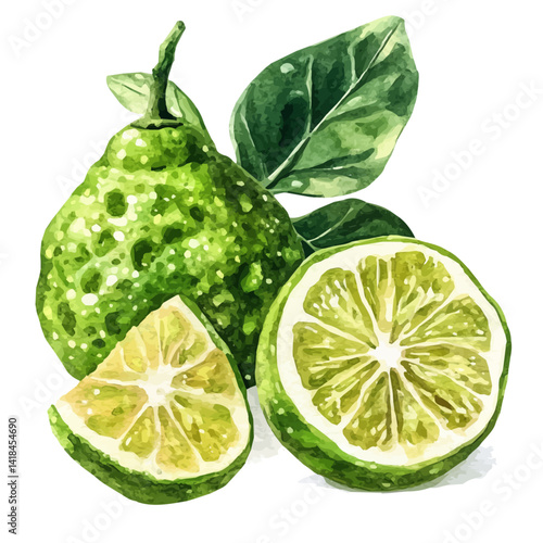 illustration of Bergamot Fruit With Leaves, watercolor vector, isolated on a white background.