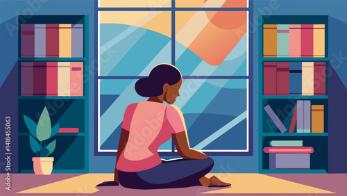 A young woman sitting on the floor with her back against a bookshelf absorbed in her studies as the afternoon sunlight filters through stained glass. Vector illustration
