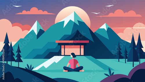 A peaceful mountain retreat where participants can practice yoga and meditation with a majestic view.. Vector illustration