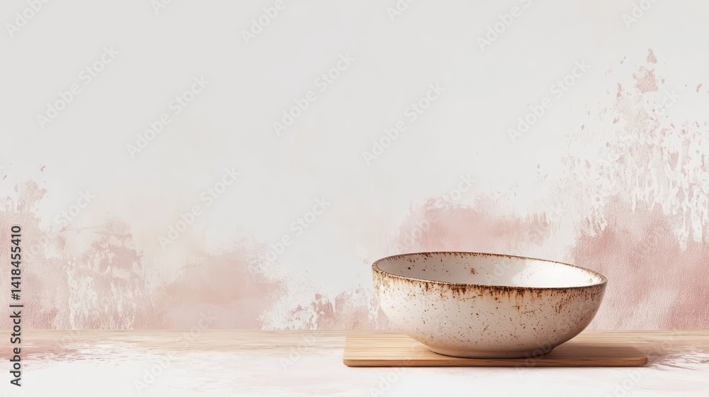 Rustic ceramic bowl on a wooden board with watercolor background studio setup