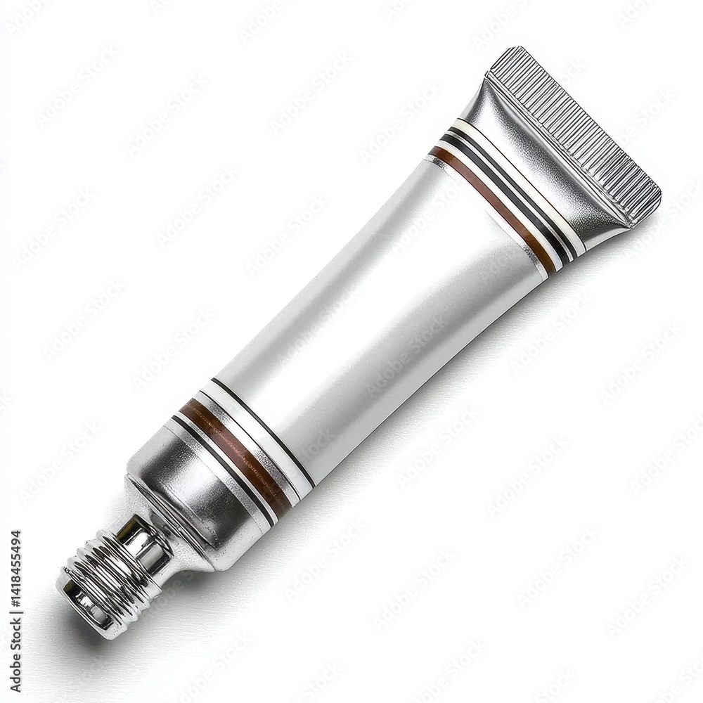 Close Up Metal Tube Against White Backdrop For Products and Supplies Display Close Up Metal Tube Against White Backdrop For Products and Supplies Display