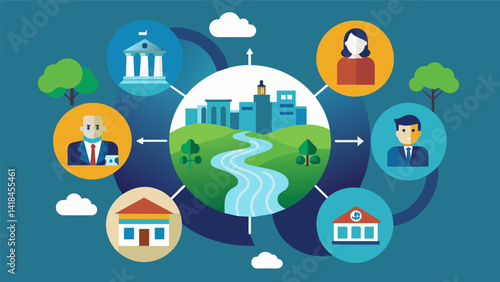 A government agency coordinating with local businesses to reduce their impact on the river and surrounding ecosystem.. Vector illustration