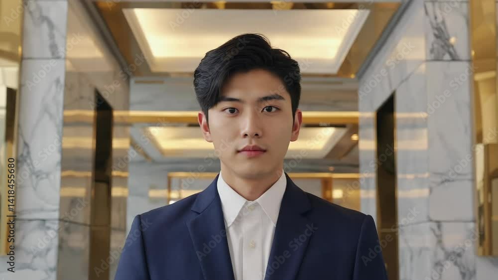 Portrait of a young professional man in a navy suit with confident expression, standing inside a bright marble and gold interior hallway