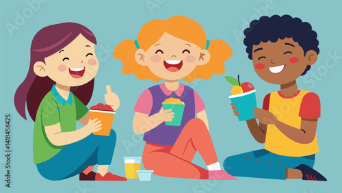A group of children chatting and laughing as they take a break from their artwork to enjoy some snacks and juice boxes.. Vector illustration