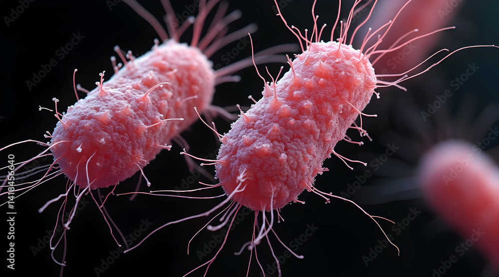 Close-up of Pink Bacteria Cells with Flagella for Medical or Scientific Use Close-up of Pink Bacteria Cells with Flagella for Medical or Scientific Use