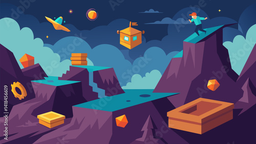 In a secret underground cave you complete a VR parkour course jumping over obstacles and sliding under tight spaces to reach a treasure chest full of. Vector illustration