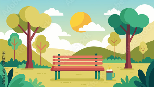A bench in a sundrenched park where a reader takes a break from the world to delve into a new adventure.. Vector illustration
