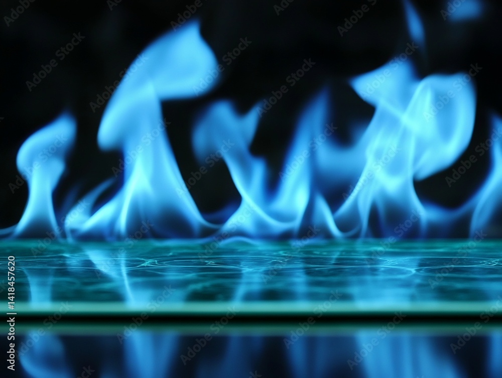 Blue Flames Above Reflective Teal Surface
