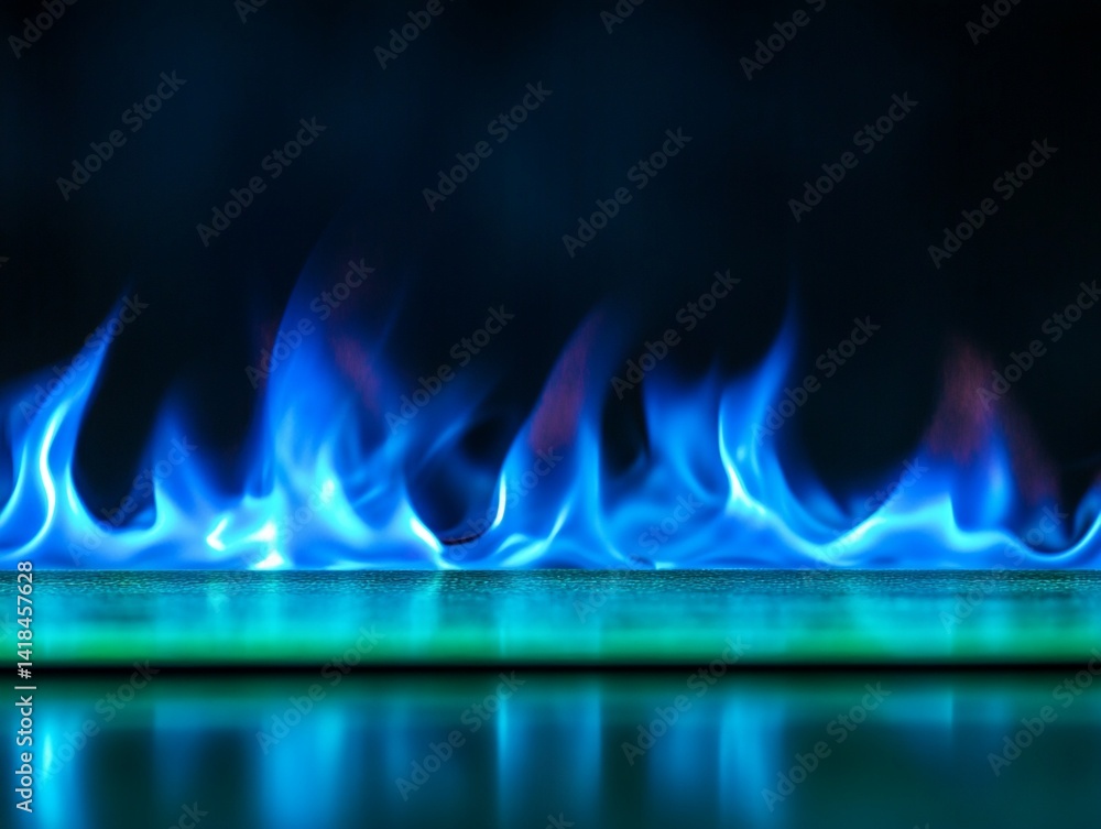 Blue Flames Above Teal Surface with Reflection Blue Flames Above Teal Surface with Reflection