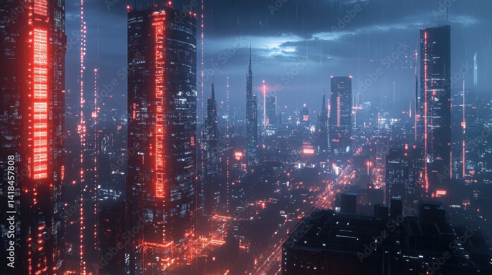 Futuristic cityscape featuring bright neon lights and towering skyscrapers during nighttime Futuristic cityscape featuring bright neon lights and towering skyscrapers during nighttime