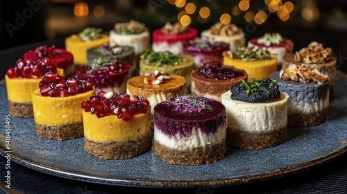A plate of assorted mini cheesecakes, various flavors and toppings - strawberry pastries  treats different