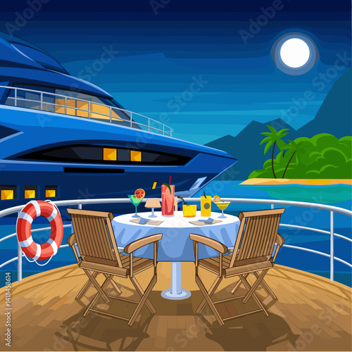 Indulge in a lavish dining experience on a luxury yacht under the moonlight. Enjoy refreshing cocktails, stunning views, and a serene atmosphere by the tropical waters.