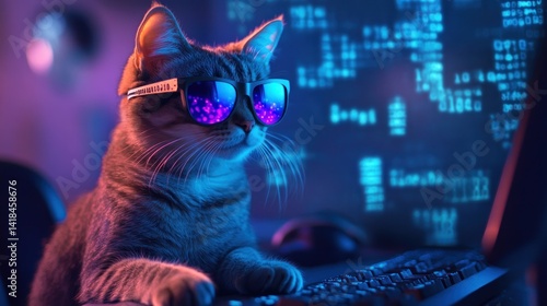 Cool Cat Coder: A Neon-Lit Feline in Digital Realm